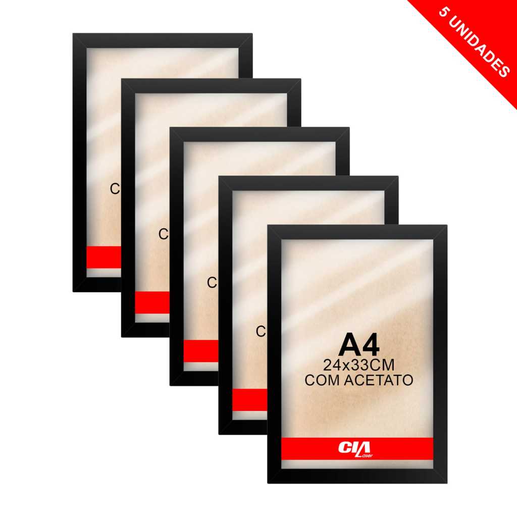 5 Quadros Placas Decorativas - Placa Moldura Preta com PET MDF Cru p/A4