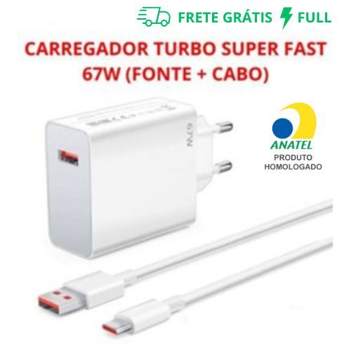 CARREGADOR TURBO SUPER FAST 67W USB-A PARA TIPO-C (FONTE + CABO)