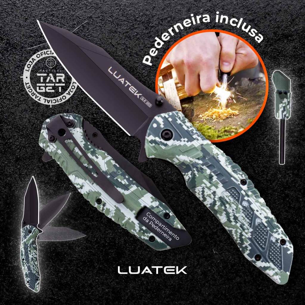 CANIVETE EM AÇO INOX CAMUFLAGEM MULTICAM SEMI AUTOMÁTICO COM PEDERNEIRA PESCA TRILHA LUATEK SLK D03