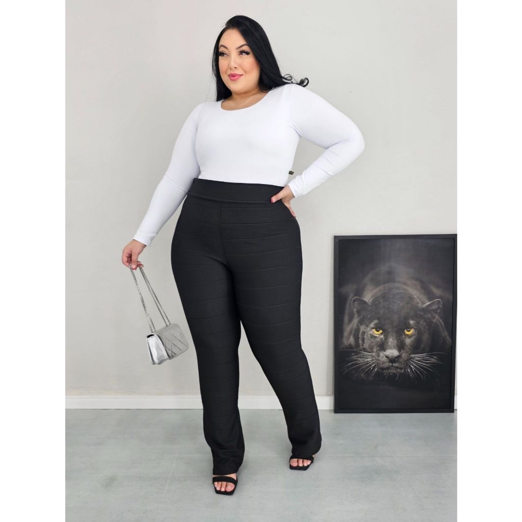 Calça Bandagem Plus Size Cintura Alta Flare Alta Compressão Vermelha