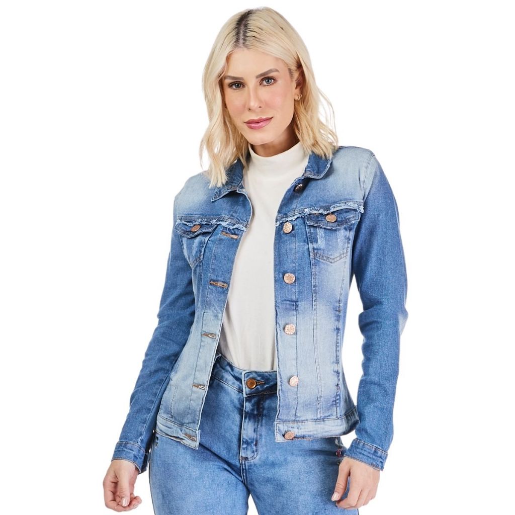 Jaqueta Jeans Feminina C/ Elastano Azul Qualidade Premium
