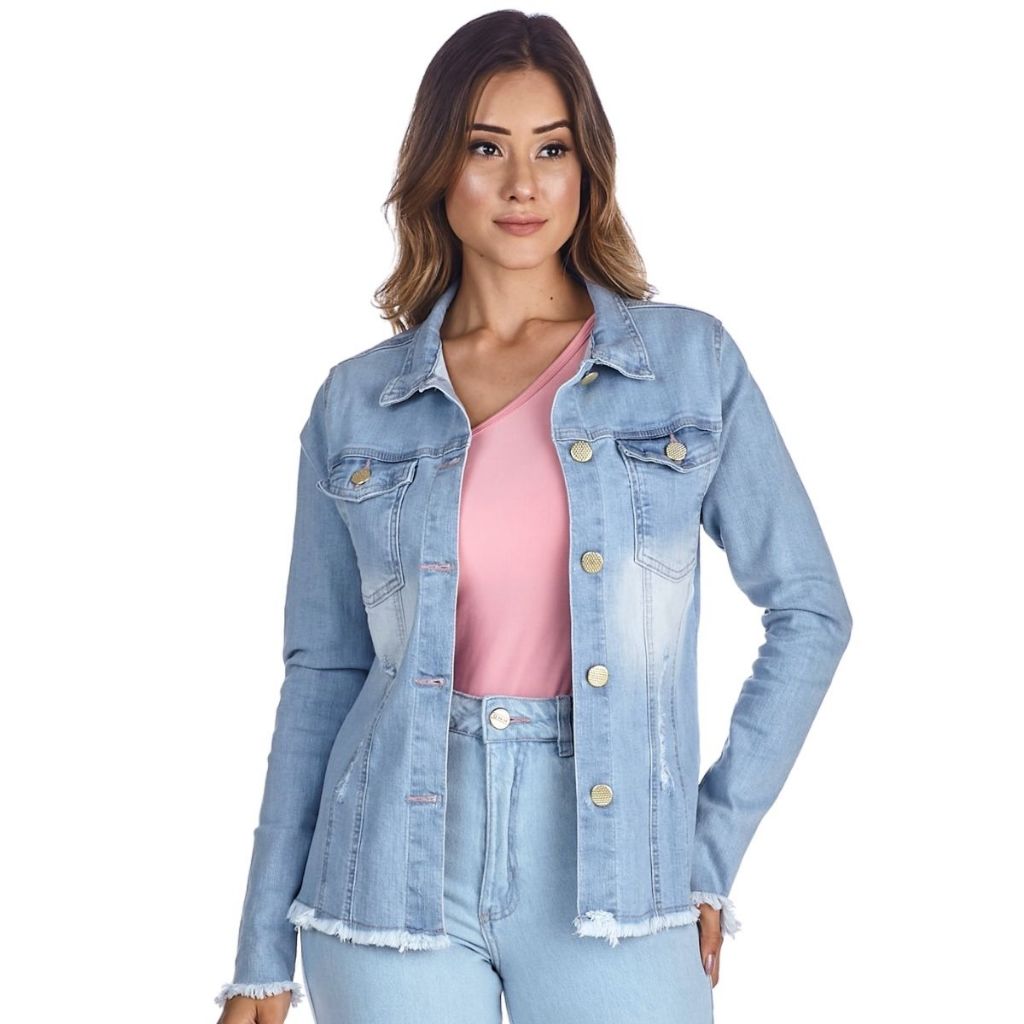 Jaqueta Jeans Feminina Desfiada Delavê Azul Claro Premium