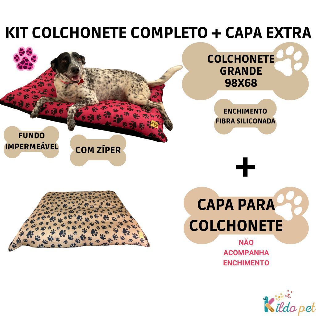 Kit Colchonete Cachorro Grande 98x68 Com Capa Extra Removível Cama Almofada Pet Lavável