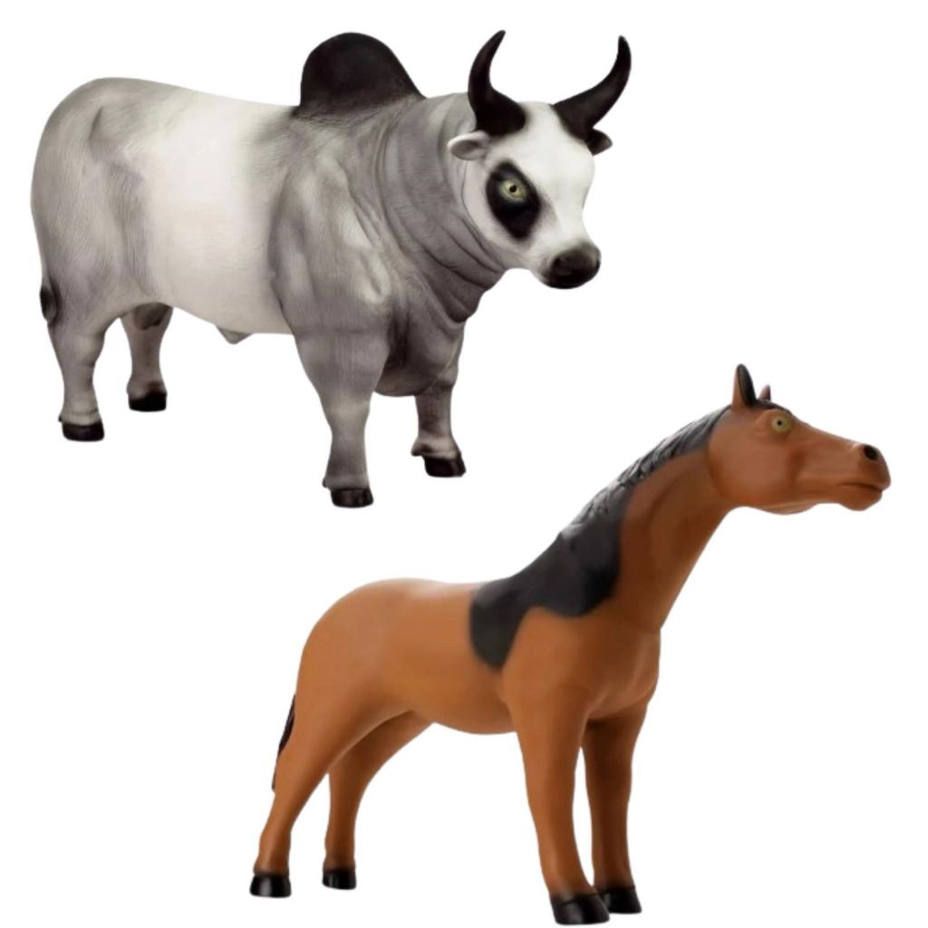 Kit 2 Animais Da Fazenda Grandes Touro 30cm + Cavalo 32cm Em Vinil Macio Brinquedo Fazendinha em Oferta na Shopee