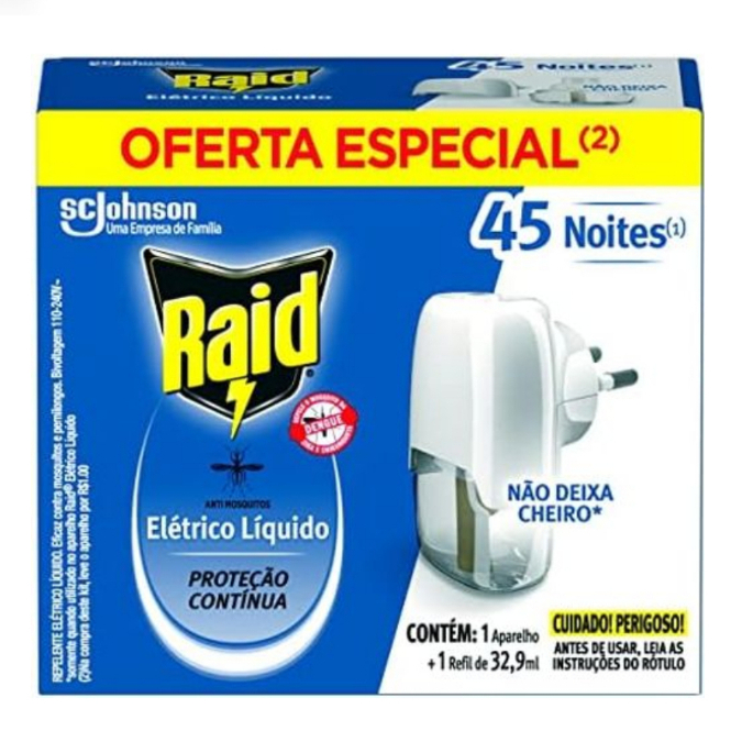 Raid Repelente Elétrico Aparelho + Refil 32ml Protege Até 45 Noites Não Deixa Cheiro
