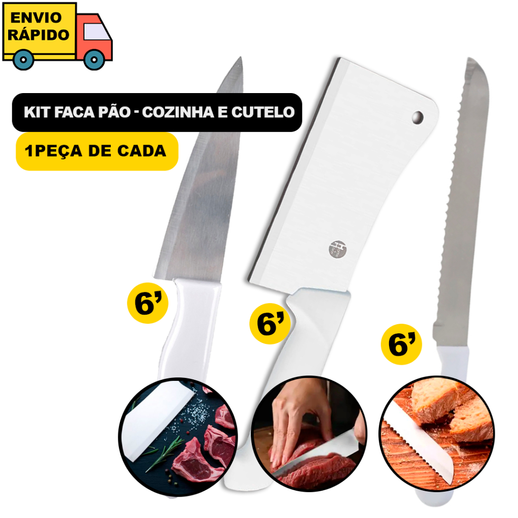 Kit 03 Peças Faca De Cozinha 6'' Inox Cabo Branco Um Cutelo 6'' Inox Cabo Branco Uma Faca De Pão 6" Inox Cabo Branco