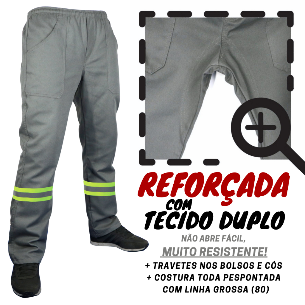 CALÇA CR - Reforçada! Brim pesado  Com Faixa Refletiva  Cinza Preta Pedreiro Soldador Mecânico cinza