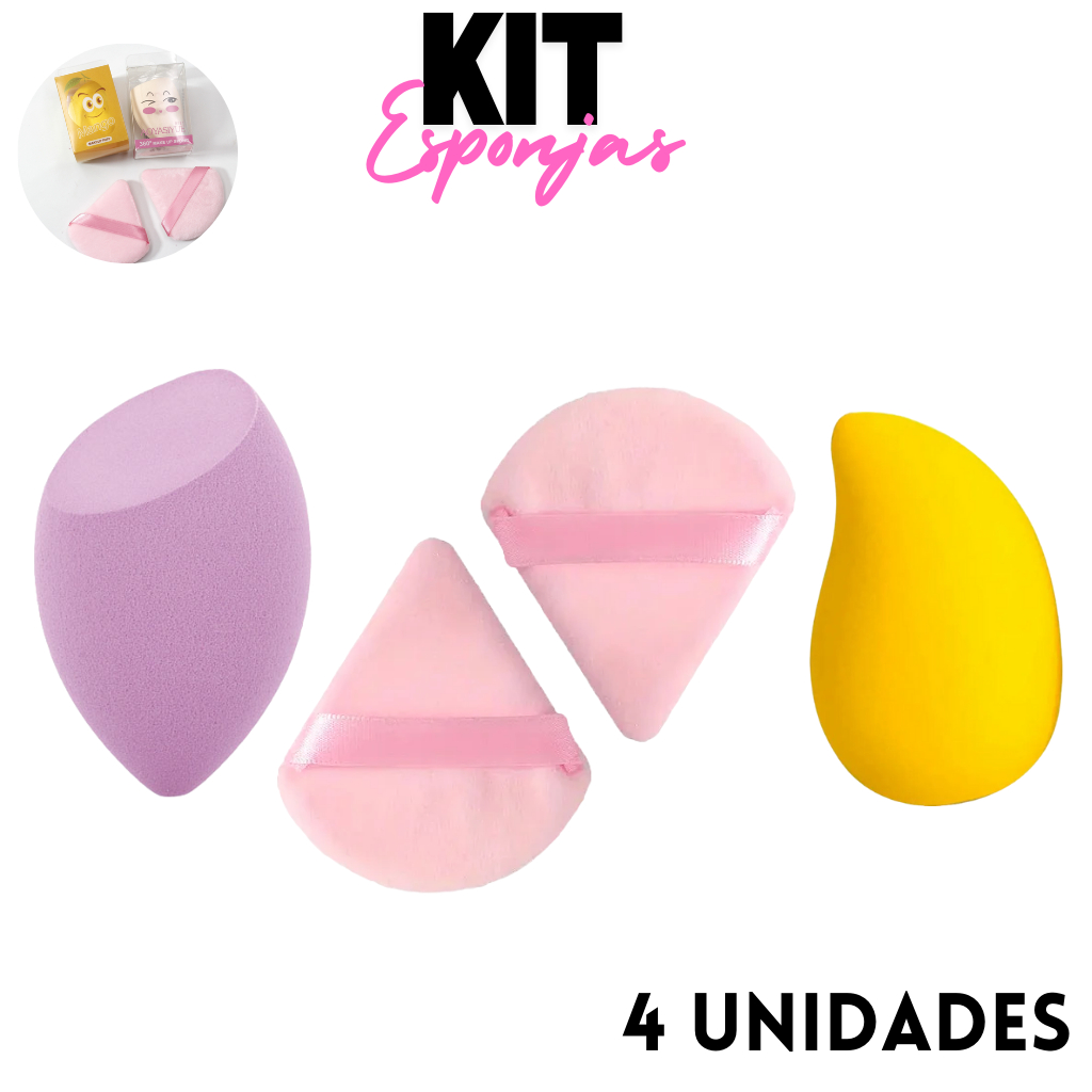 Esponja de Maquiagem Chanfrada Mango e Veludo para Pó Solto, Base, Contorno e Blush Kit com 4 Unidades Maquiagem