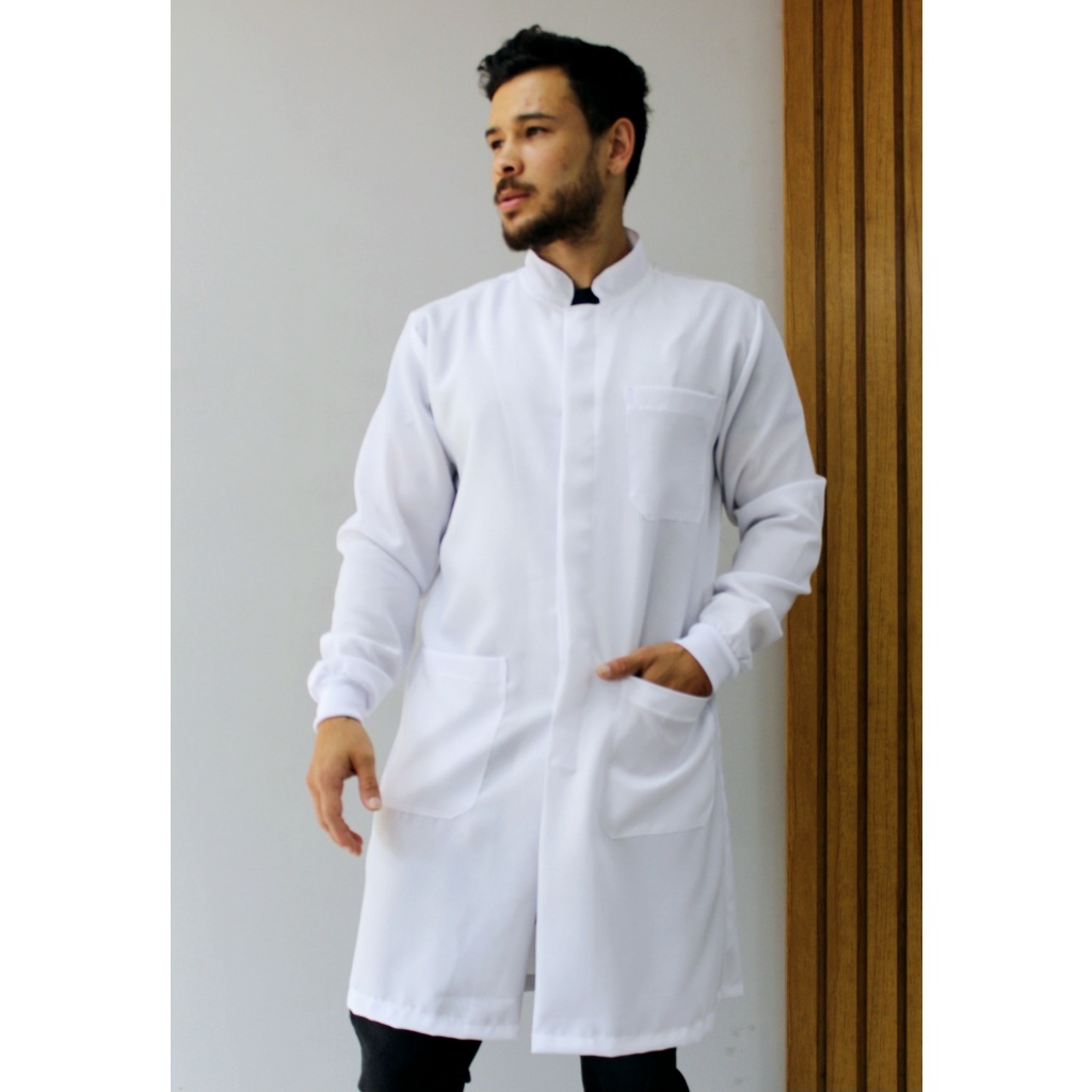 Jaleco Branco Masculino Gola Padre Manga longa Botão Embutido