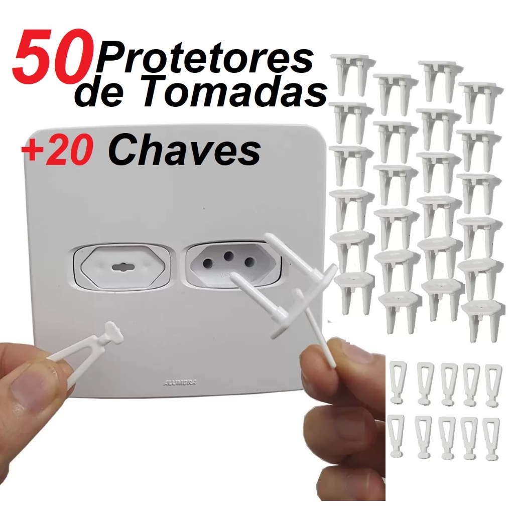 Kit 50 Protetores de Tomada com 20 Chaves Branco Proteção Bebê Segurança Choque em Oferta na Shopee