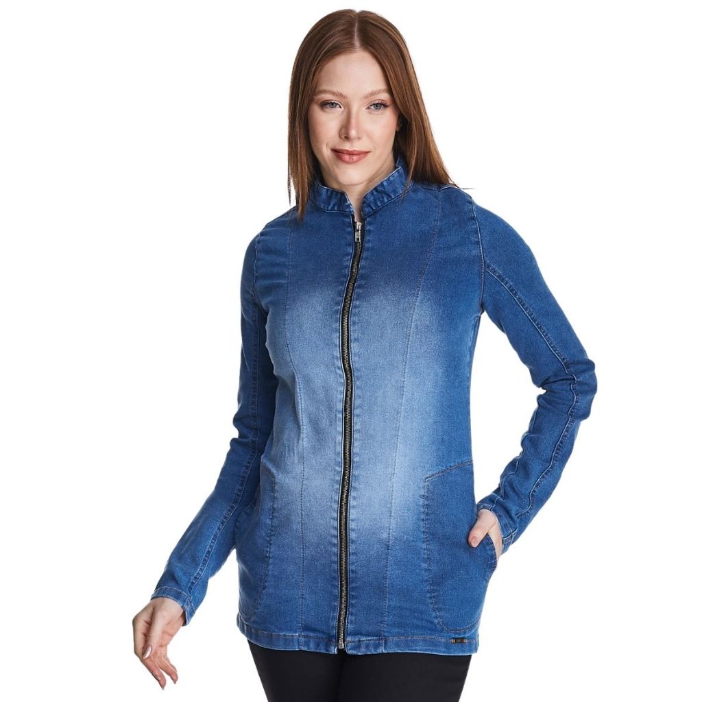 Jaqueta Jeans Feminina Blazer C/ Zíper Azul Premium