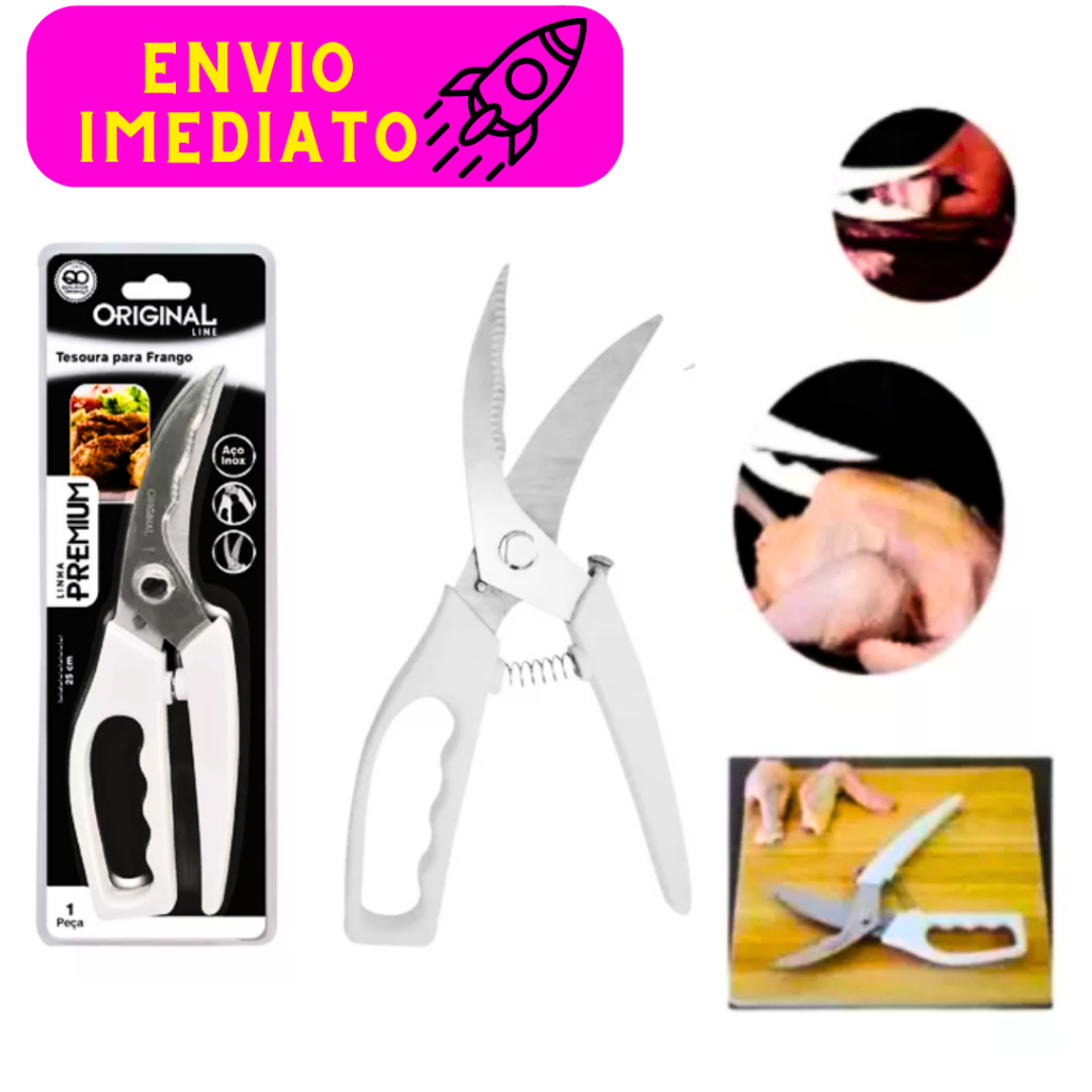 Tesoura de Cortar Frango Premium Pontuda Trava de Segurança 25 Cm Cabo Branco Profissional Lamina