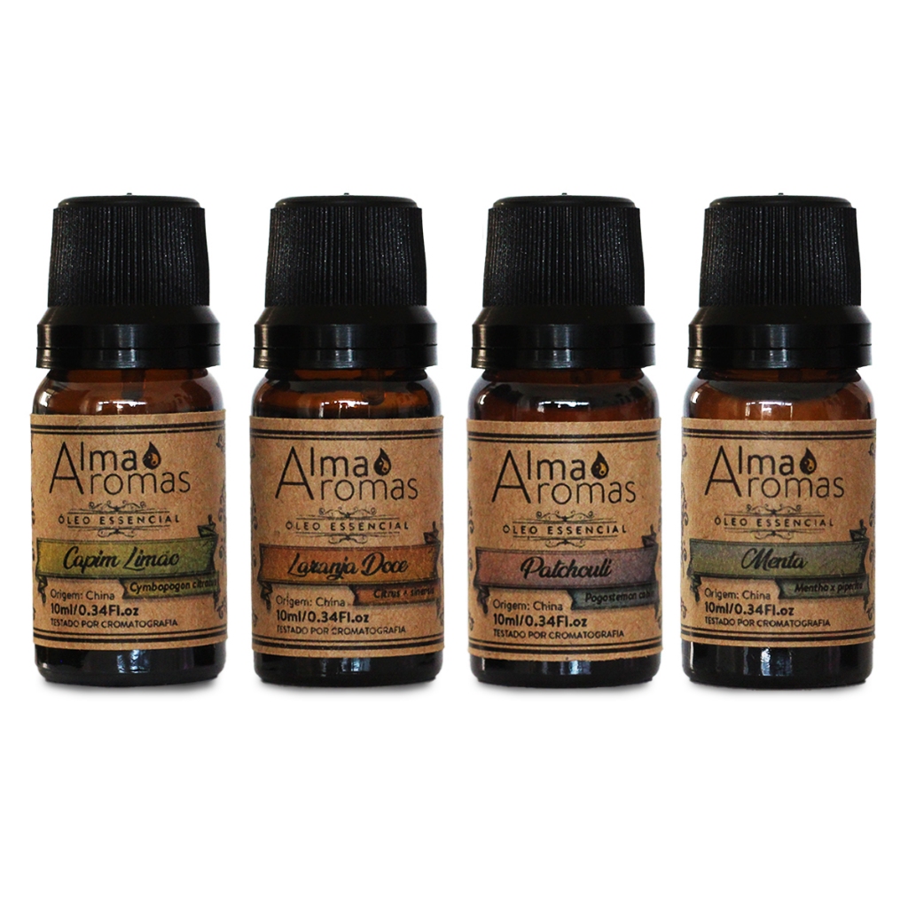 Kit 4 Óleos Essenciais 10ml - Capim Limão Laranja Doce Patchouli Menta Piperita
