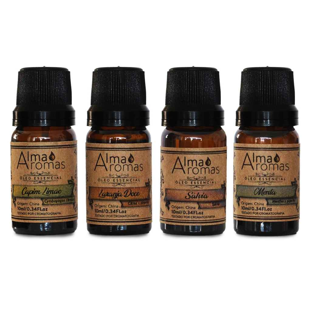 Kit 4 Óleos Essenciais 10ml - Sálvia Esclaréia Capim Limão Menta Piperita Laranja Doce