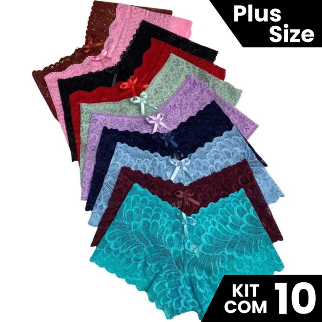 Kit 10 Calcinhas Caleçon Shortinho Renda Com Forro Algodão Atacado M, G, GG ,48, 50,52, 54 em Oferta na Shopee