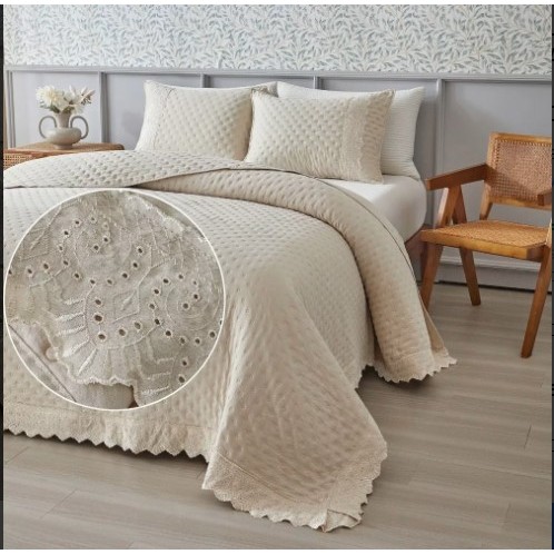 Kit Colcha Ultrassônica com Renda Bett Design Casal 3 peças Percal de Microfibra Toque Aveludado