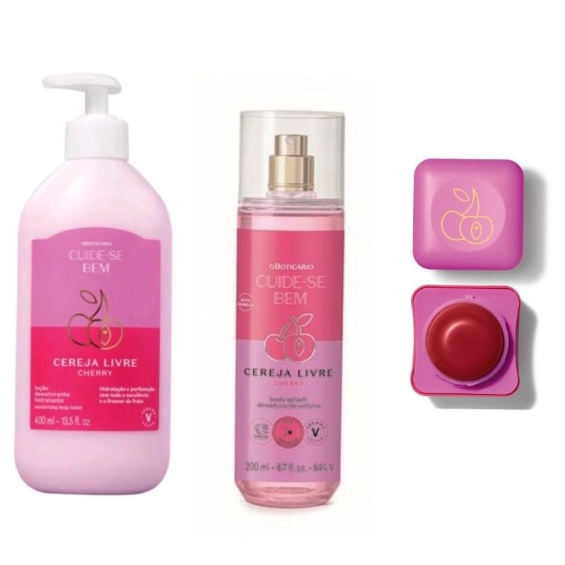 kit Cereja Livre Cuide-se Bem o Boticário Loção Hidratante 400ml+ Body splash 200ml + Balm Labial 6,2g
