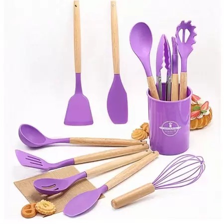 Kit 12 Utensílios de Cozinha  Silicone Cabo de Madeira Presente Chá de Cozinha ROXO ROSA PRETO CINZA VERMELHO CORES