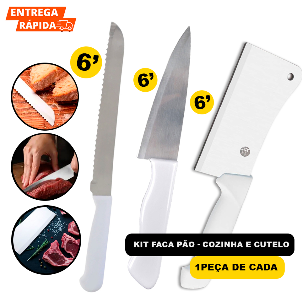 Kit 03 Peças Faca De Cozinha 6'' Inox Cabo Branco Um Cutelo 6'' Inox Cabo Branco Uma Faca De Pão 6"