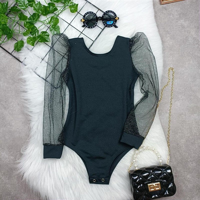 Body Manga Longa Tule Brilhante Infantil Moda Menina Princesa Estilosa Outono Inverno Brilho Bufante Blogueirinha