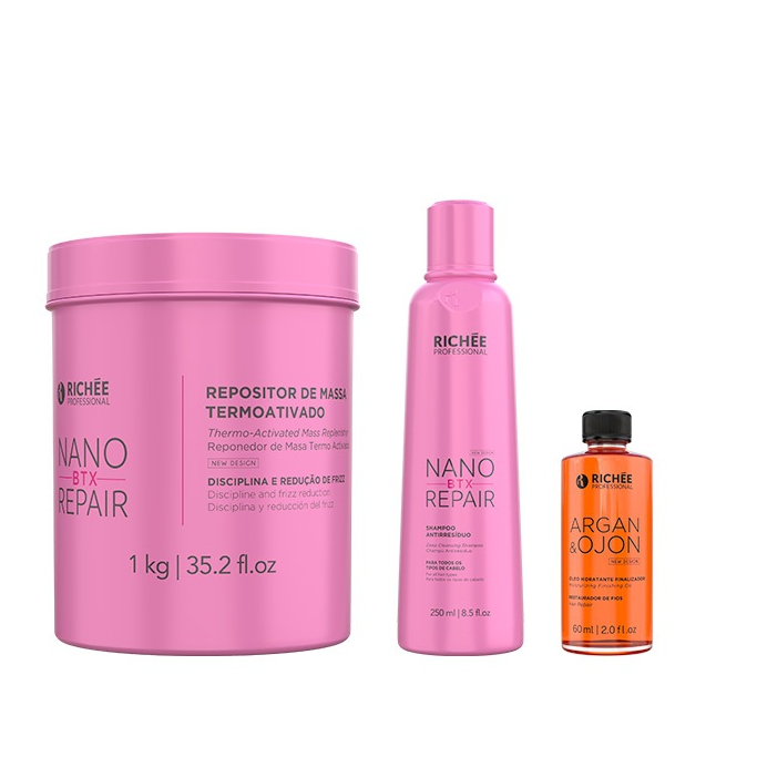 kit NanoBeauty BTX Booster Recuperação 1k + Argan e Ojon Oil 60ml + Shampoo Antirresíduo 250ml = NanoBTX Repair em Oferta na Shopee