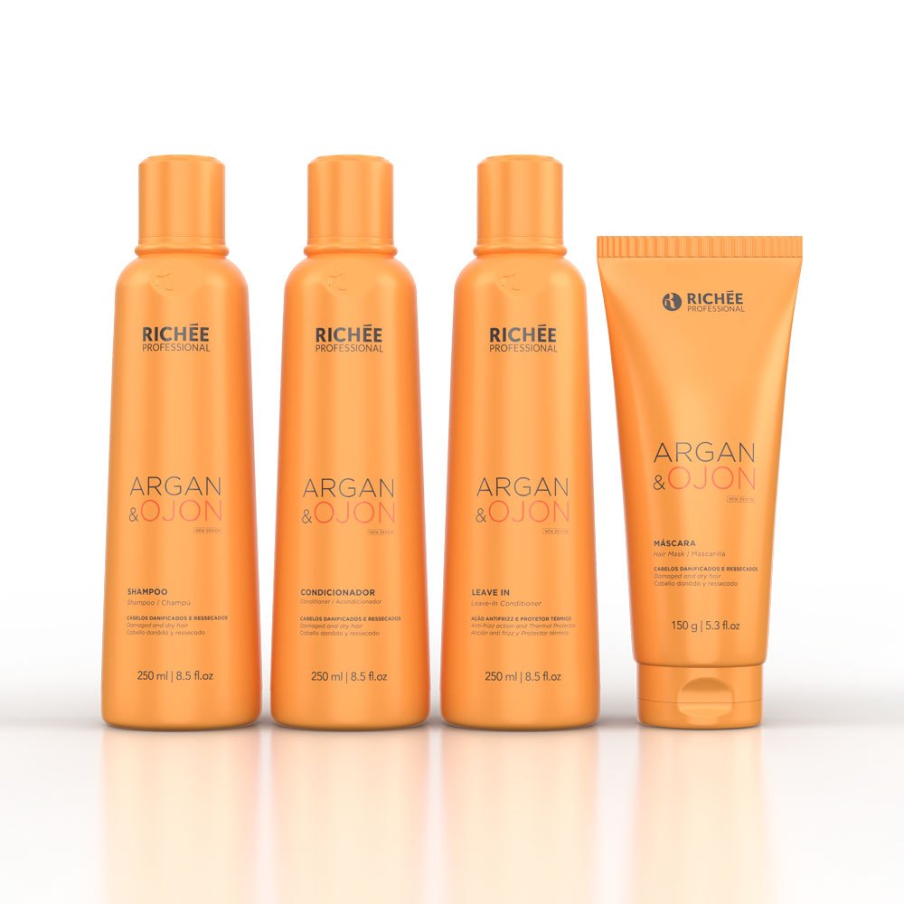 Kit Shampoo Condicionador Máscara e Leave-in Argan e Ojon Richee Professional Kit Tratamento Capilar Hidratação Nutrição