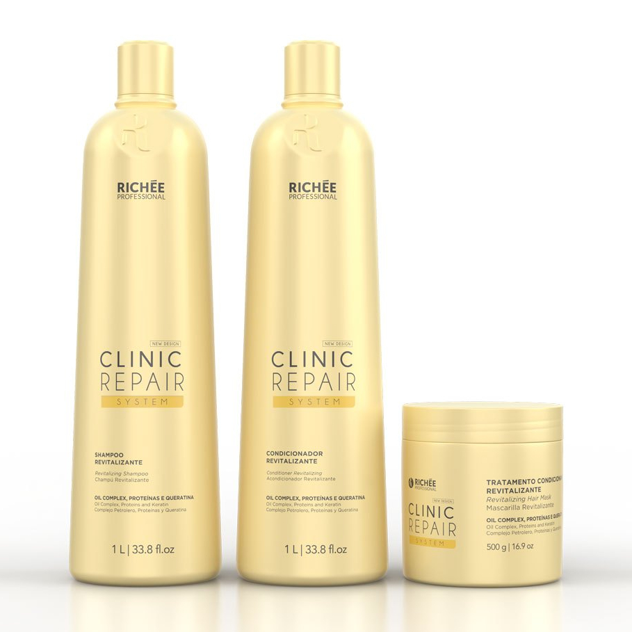 Kit Shampoo 1L Condicionador 1L e Máscara 500g Tratamento Profissional Nutrição e Hidratação Richée Clinic Repair System em Oferta na Shopee