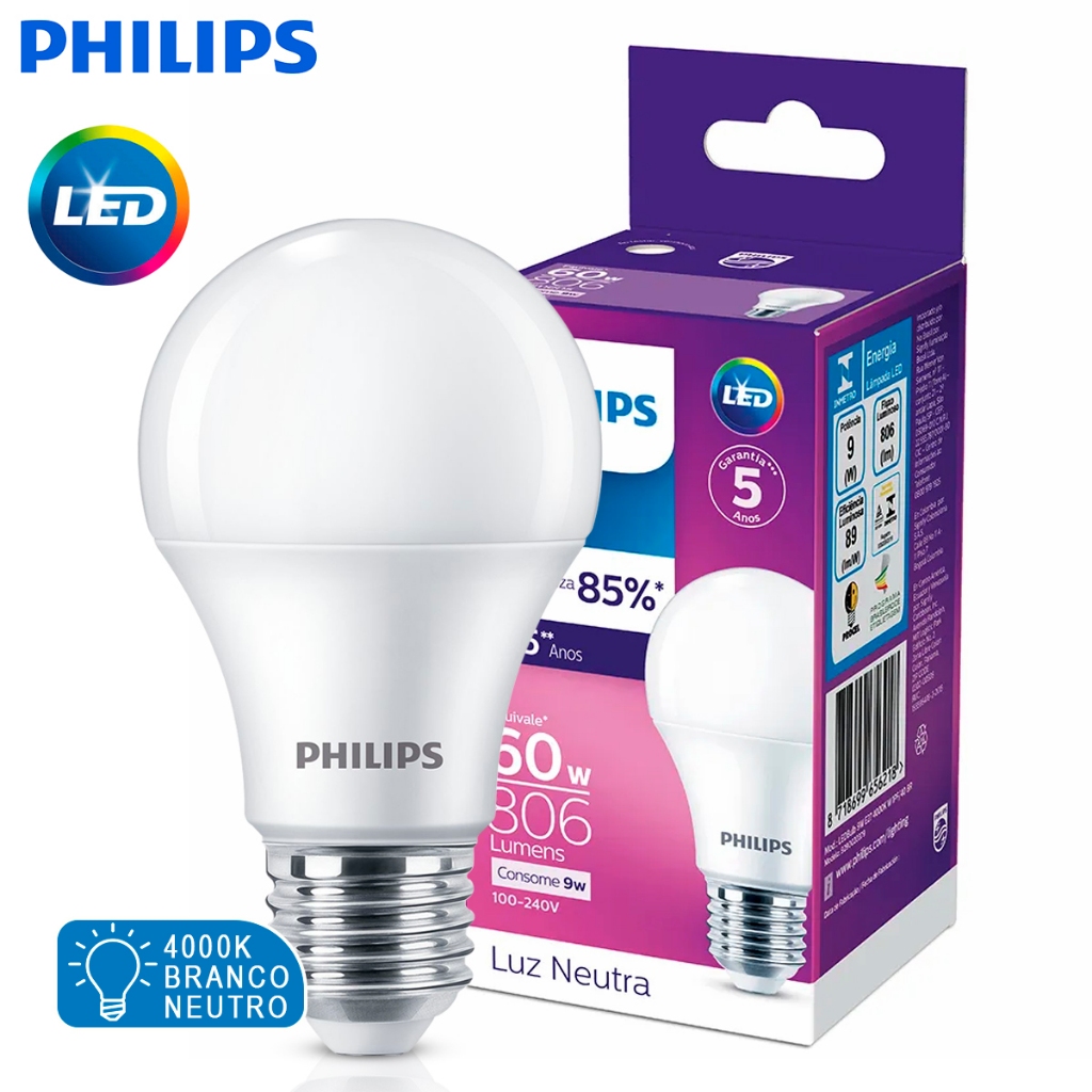 Philips Lâmpada LED Bulbo A55 9W E27 Bivolt 4000K | Luz Neutra Ideal para Ambientes Internos em Oferta na Shopee