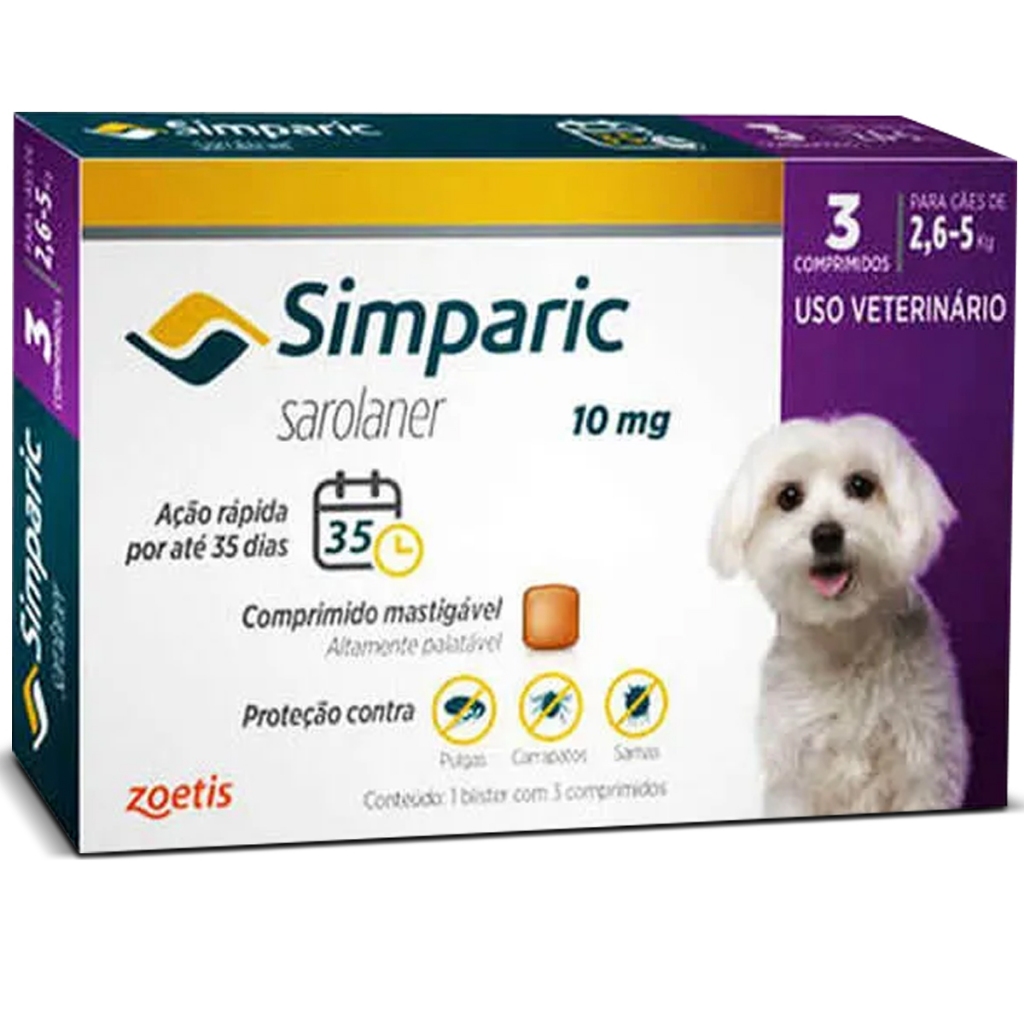 Antipulgas e Carrapatos Simparic 10mg para Cães de 2,6 a 5kg - 3 Comprimidos - Zoetis em Oferta na Shopee