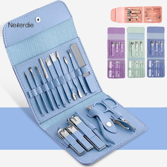 Kit c/ 16 Pçs Set Ear Colher Cortador De Unhas Pedicure Tesoura Prego Conjunto De Ferramentas Em Aço Inoxidável Com Bolsa Dobrável