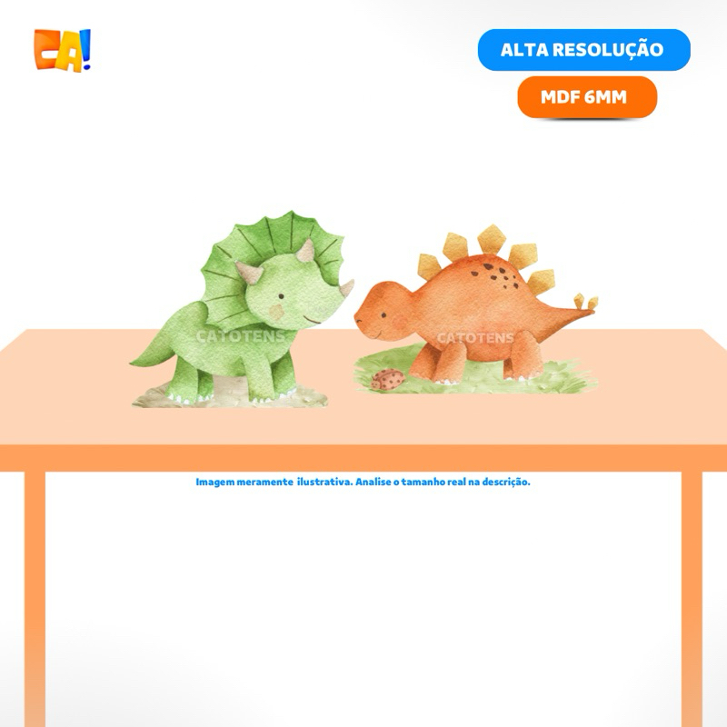 Kit 2 Displays de mesa MDF 6mm Dino aquarela laranja e verde 25cm - Dinossauro baby cute - Catotens