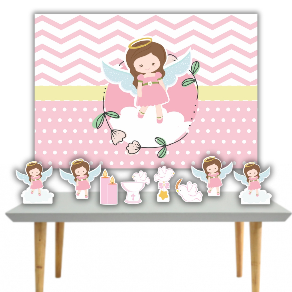 Kit batizado menina anjo decoração batizado com painel e enfeite de parede