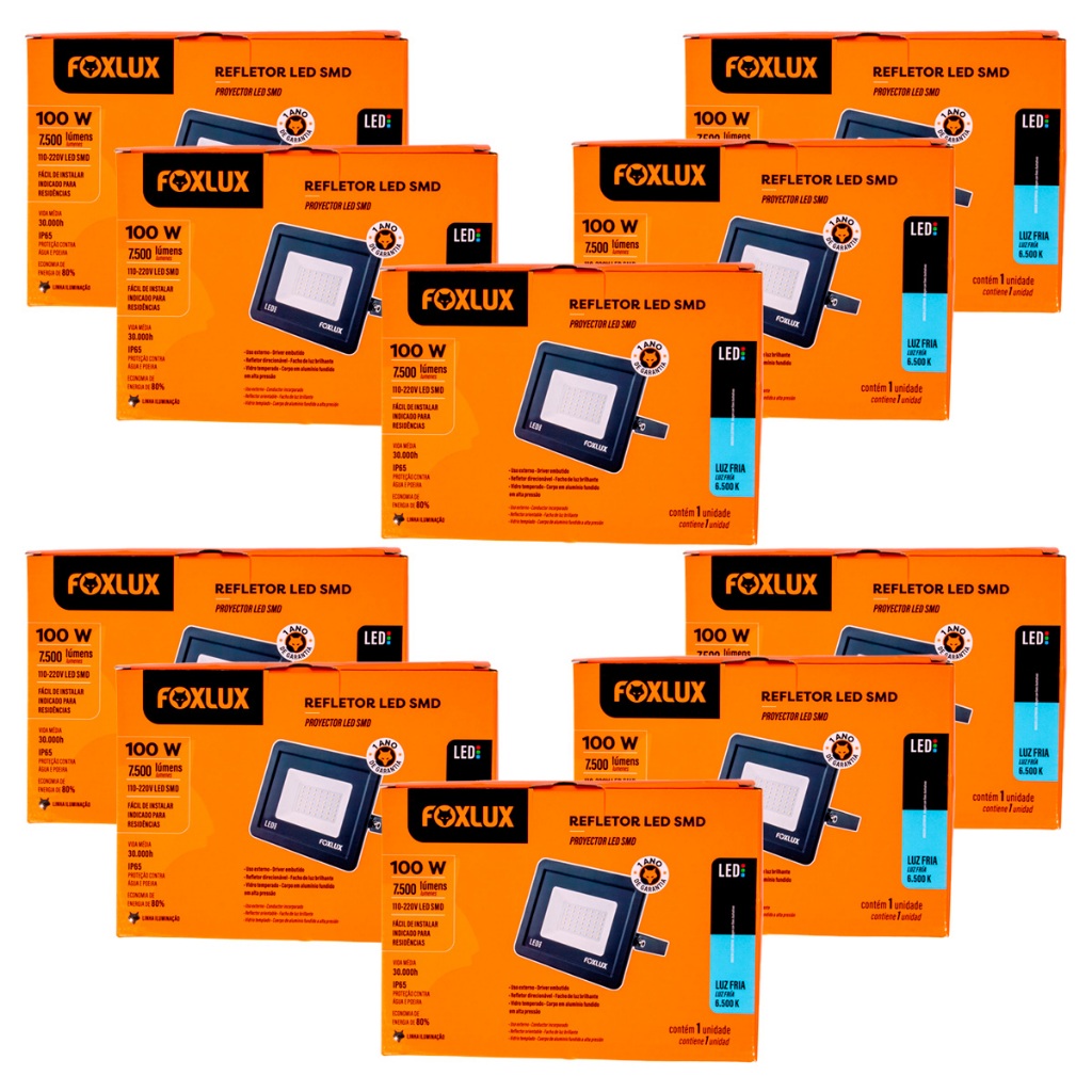 Kit 10 Refletor LED 100W Bivolt, Luz Branca 6.500K Foxlux