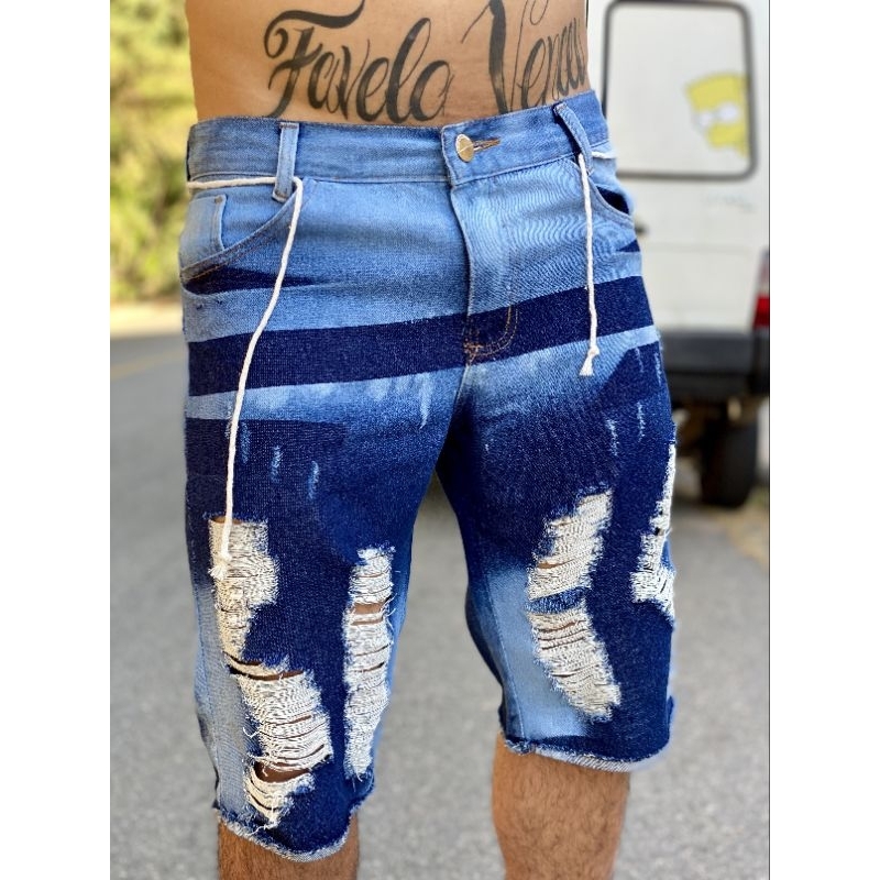 Bermuda Shorts Masculino Jeans Rasgado Top Destroyed Premium