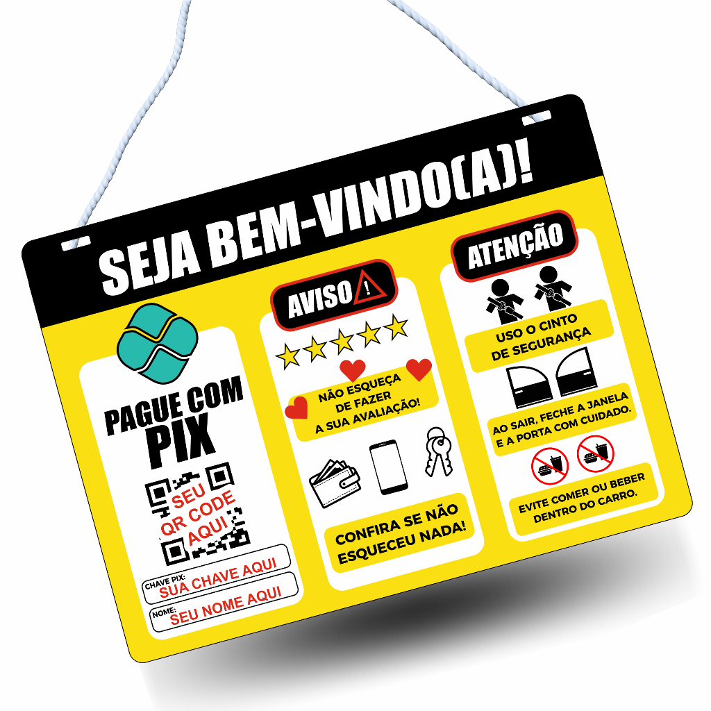 Placa Pix Qr Code Uber 99 Táxi Personalizada PVC C/ Corda 20x15cm