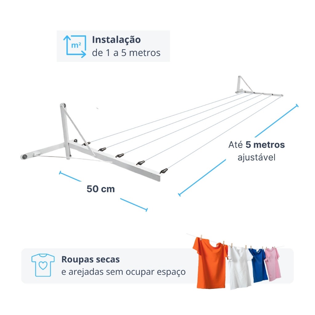 Varal de Parede Retrátil Muro 5 Cordas Reforçado Até 50kg em Oferta na Shopee