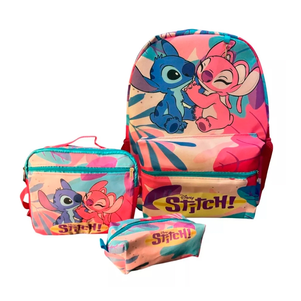 Kit Mochila Escolar Stitch Feminina Juvenil de Costas com Lancheira Térmica e Estojo Escolar Rosa