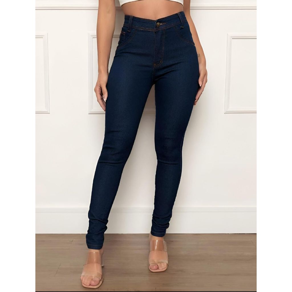 Calça Jeans Feminina Skinny Escura  Cintura Alta Lycra em Oferta na Shopee