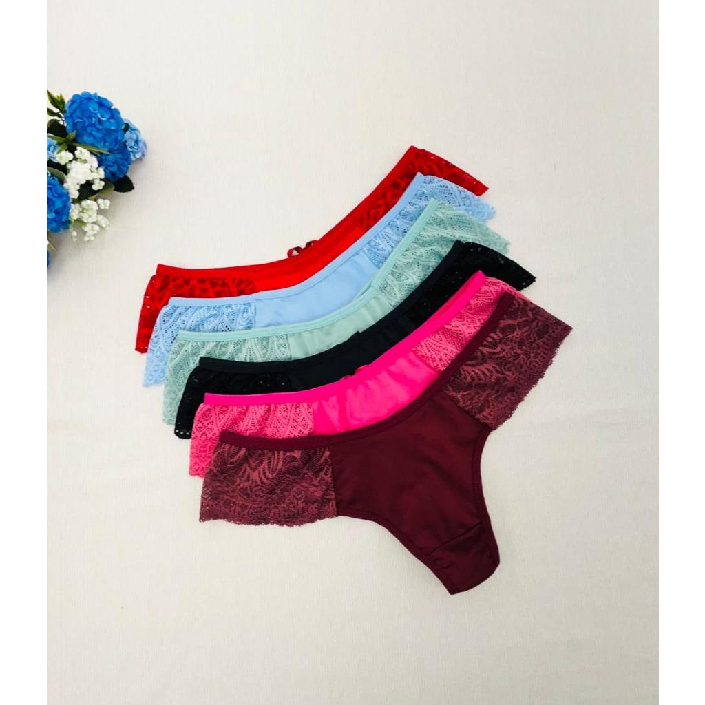 Kit 6 Calcinhas Tanga Detalhes em Renda Tanga Fio Dental com 2 Laços Atrás Calcinha Sexy Cores Sortidas Calcinha Lingerie