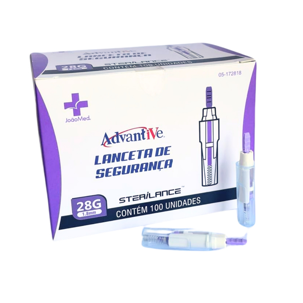 Lanceta Segurança Automática Glicemia Diabete 28g C/100 Click Único Advantive Sterilance Roxo em Oferta na Shopee