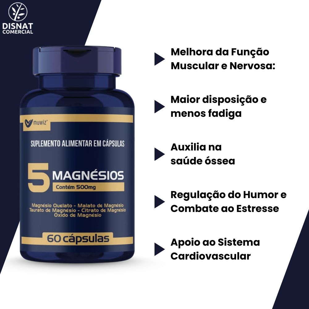 5 Magnésios 500mg 60 Cápsulas: (Quelato + Malato + Taurato + Citrato + Óxido de Magnésio) - Muwiz