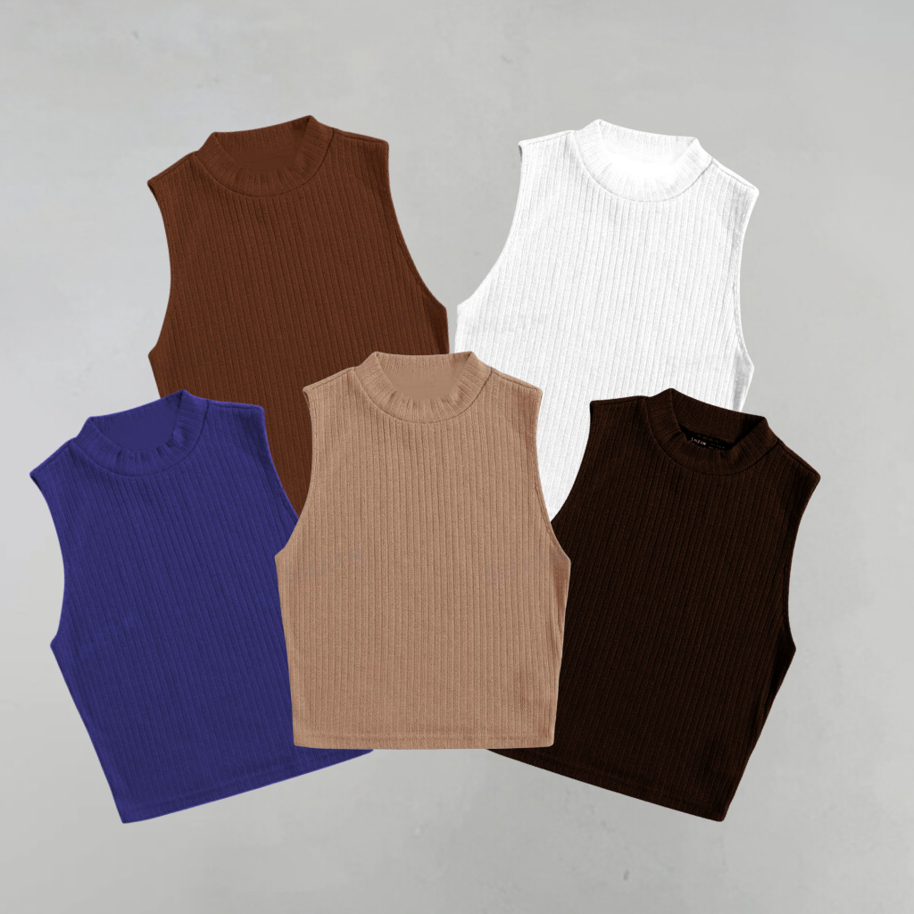 Kit 5 Croppeds Gola Alta Sem Manga Básicas Moda Gringa