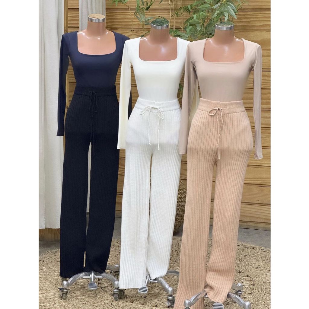 Kit 3 Bodys Decote Quadrado Bory Manga Longa Básico Casual Chic Preto Branco Bege Moda Blogueira