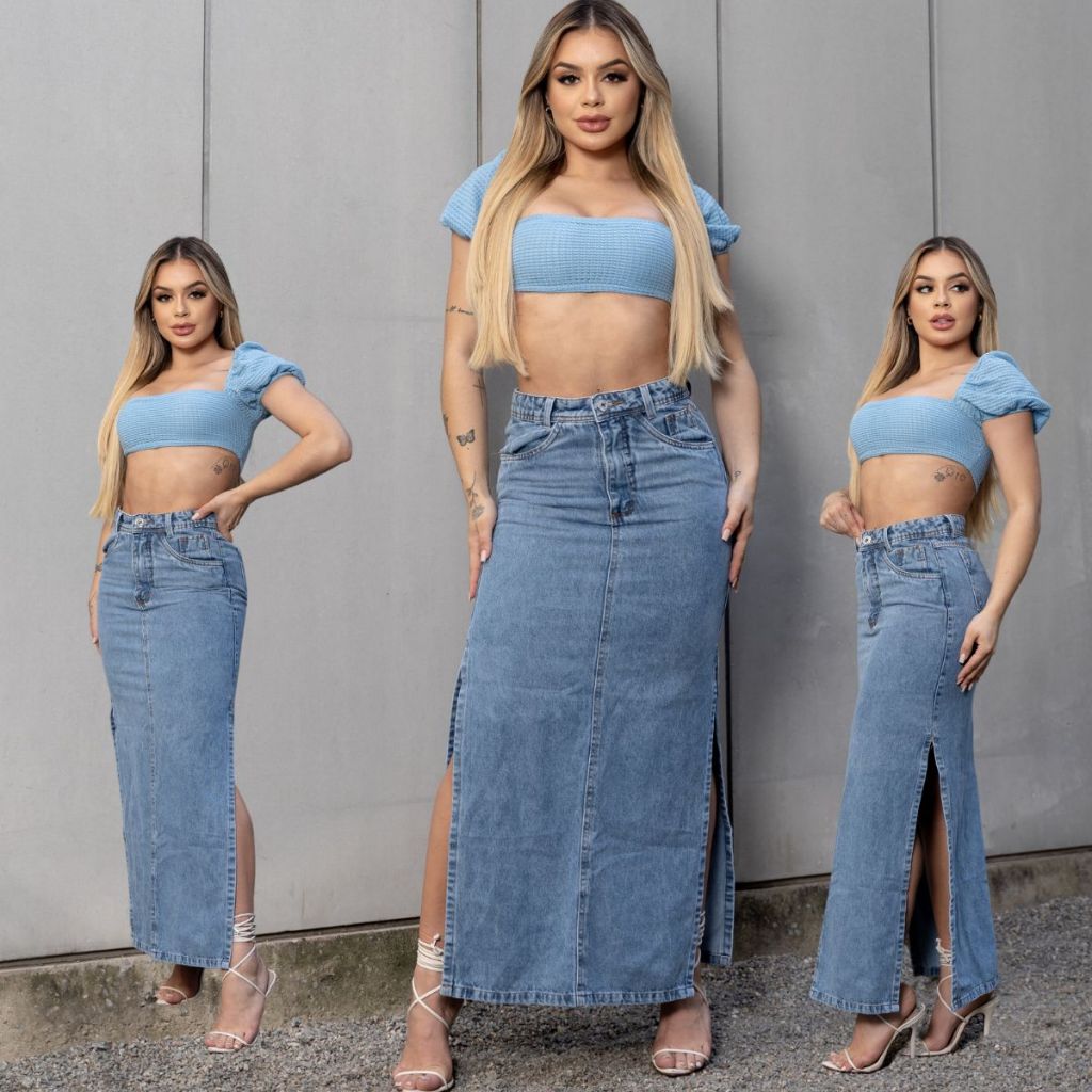 Saia Jeans Feminina Longa Cintura Alta Evangélica Midi Com Abertura em Oferta na Shopee