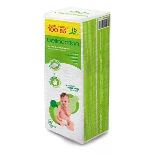 Algodão Bellacotton Quadrado Para Bebê Hidrófilo com 100 Unidades