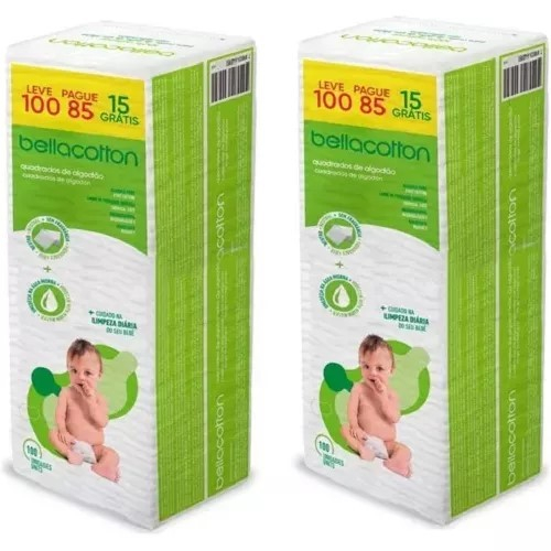 Algodão Quadrado Bellacotton Para Bebê Sem Perfume 200 Unidades - Kit 2 unidades