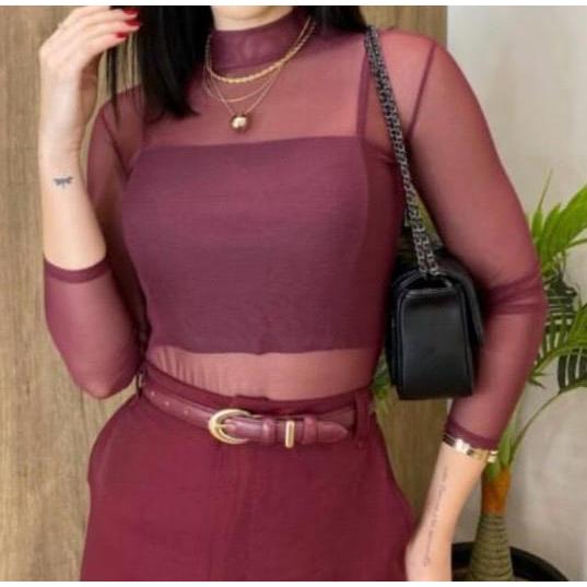 Body Tule de Gola Alta e manga Longa em Oferta na Shopee