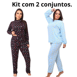kit 2 conjuntos pijama feminino manga longa e calça toque aveludado
