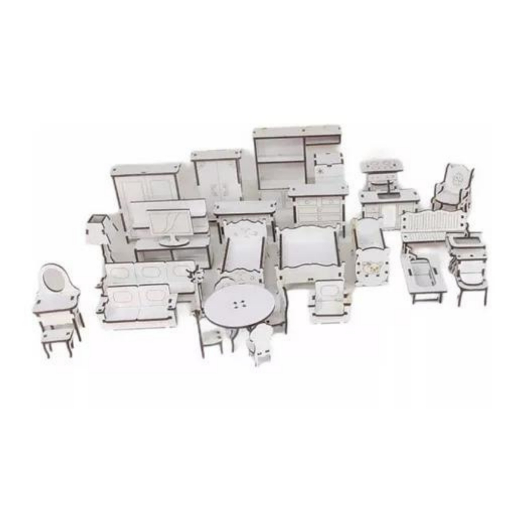Kit Com 30 Mini Móveis Em MDF Pintado - Branco