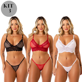Kit 3 Conjuntos Lingerie Sexy Tule com Renda e Regulagem Lateral em Oferta na Shopee